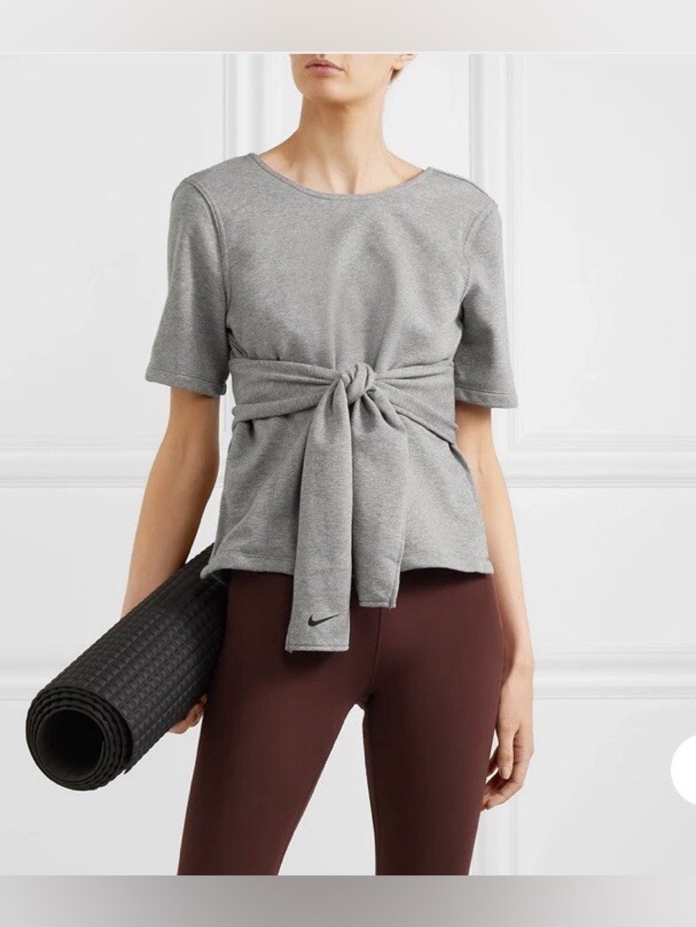 Nike Studio yoga grey workout top w/ tie-front design and short sleeves NWT